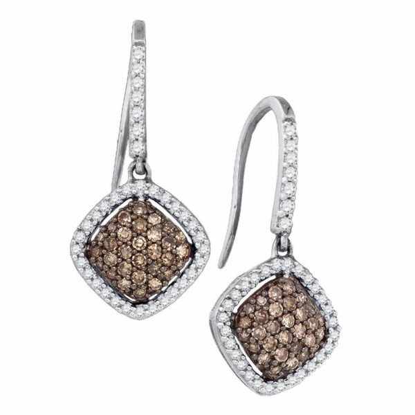 10kt White Gold Womens Round Brown Diamond Square Cluster Dangle Earrings 5/8 Cttw