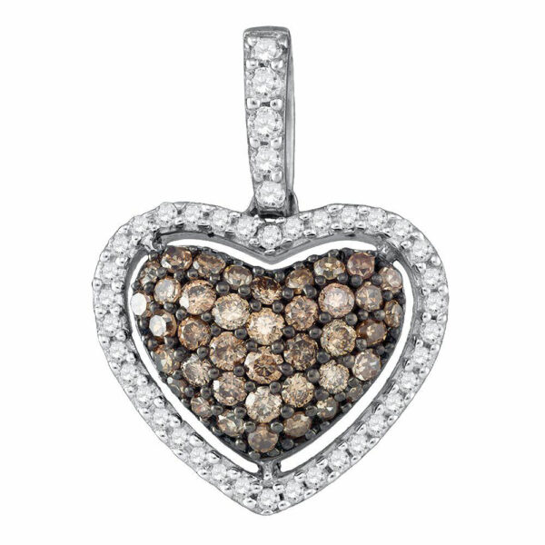 10kt White Gold Womens Round Brown Diamond Heart Pendant 1/2 Cttw