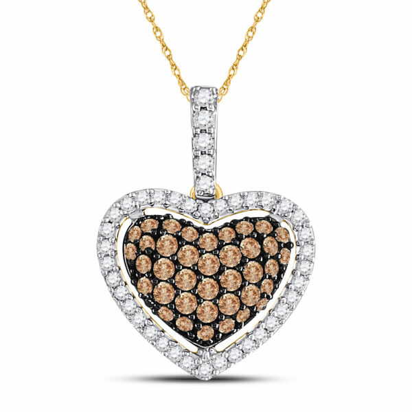 10kt Yellow Gold Womens Round Brown Diamond Heart Pendant 1/2 Cttw