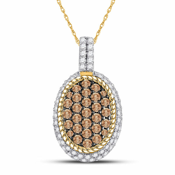 10kt Yellow Gold Womens Round Brown Diamond Oval Rope Frame Cluster Pendant 1 Cttw