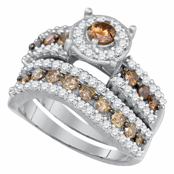 10kt White Gold Womens Round Brown Diamond Bridal Wedding Ring Band Set 1-3/4 Cttw