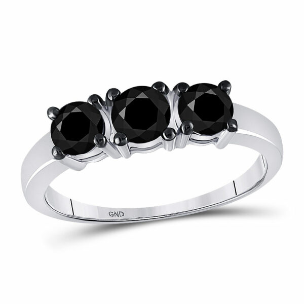 10kt White Gold Round Black Color Enhanced Diamond 3-stone Bridal Wedding Ring 1 Cttw