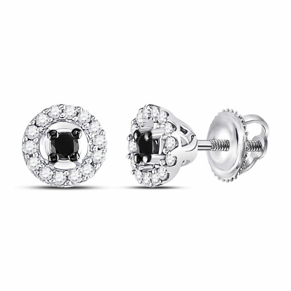 10kt White Gold Womens Round Black Color Enhanced Diamond Cluster Earrings 1/5 Cttw