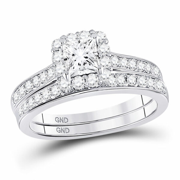 14kt White Gold Princess Diamond Halo Bridal Wedding Ring Band Set 1-1/4 Cttw