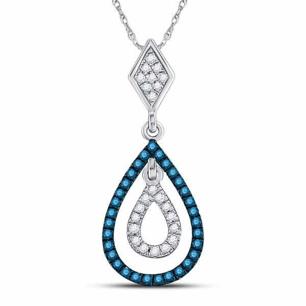 10kt White Gold Womens Round Blue Color Enhanced Diamond Teardrop Pendant 1/5 Cttw