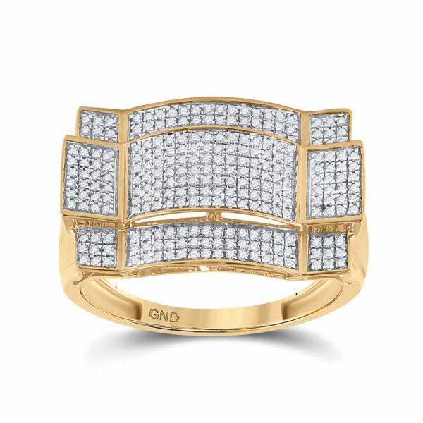 10kt Yellow Gold Mens Round Diamond Contoured Rectangle Cluster Ring 1/2 Cttw