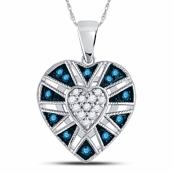 10kt White Gold Womens Round Blue Color Enhanced Diamond Heart Pendant 1/4 Cttw