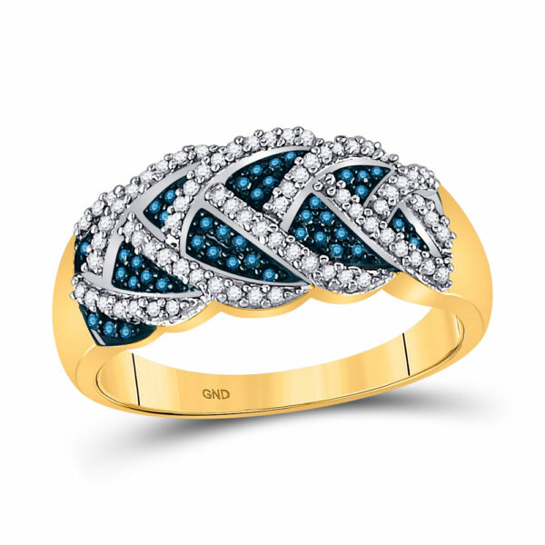 10kt Yellow Gold Womens Round Blue Color Enhanced Diamond Braid Band Ring 3/8 Cttw