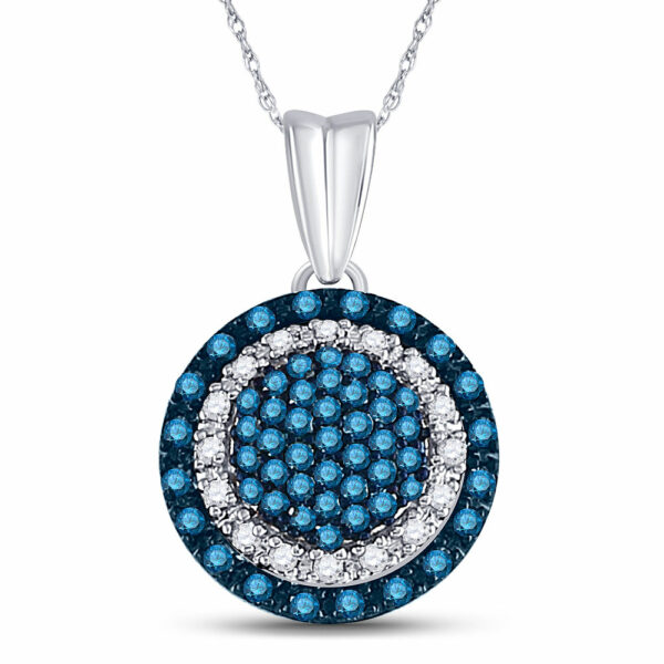 10kt White Gold Womens Round Blue Color Enhanced Diamond Circle Cluster Pendant 1/4 Cttw