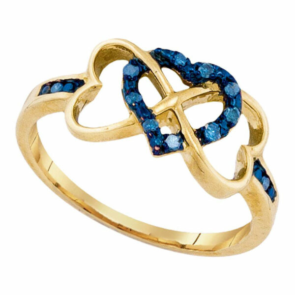 10kt Yellow Gold Womens Round Blue Color Enhanced Diamond Triple Trinity Heart Ring 1/10 Cttw