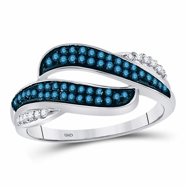 10kt White Gold Womens Round Blue Color Enhanced Diamond Bypass Double Row Band 1/3 Cttw