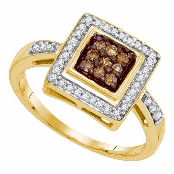 10kt Yellow Gold Womens Round Brown Diamond Square Frame Cluster Ring 1/4 Cttw