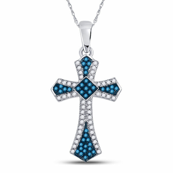 10k White Gold Blue Color Enhanced Diamond Womens Cross Crucifix Pendant 1/4 Cttw