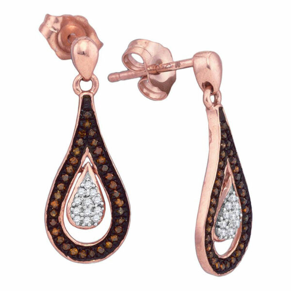 10kt Rose Gold Womens Round Red Color Enhanced Diamond Teardrop Dangle Earrings 1/5 Cttw