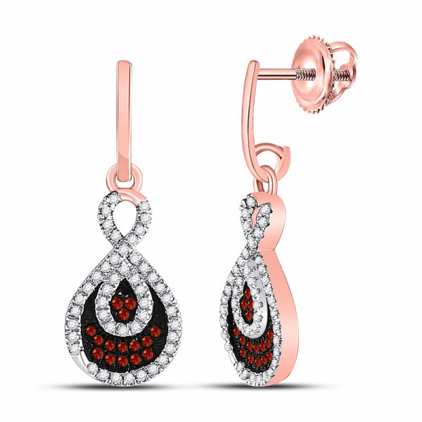 10kt Rose Gold Womens Round Red Color Enhanced Diamond Teardrop Dangle Earrings 3/8 Cttw