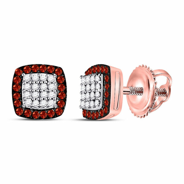 10kt Rose Gold Womens Round Red Color Enhanced Diamond Square Cluster Earrings 1/5 Cttw