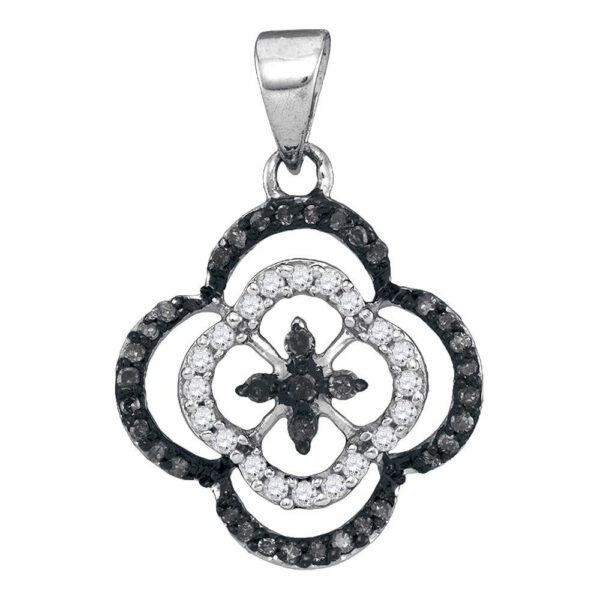 10kt White Gold Womens Round Black Color Enhanced Diamond Quatrefoil Cluster Pendant 1/4 Cttw