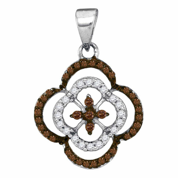 10kt White Gold Womens Round Brown Diamond Quatrefoil Cluster Pendant 1/4 Cttw