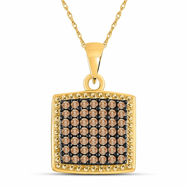 10kt Yellow Gold Womens Round Brown Diamond Square Pendant 1/2 Cttw