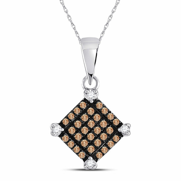 10kt White Gold Womens Round Brown Diamond Square Pendant 1/6 Cttw