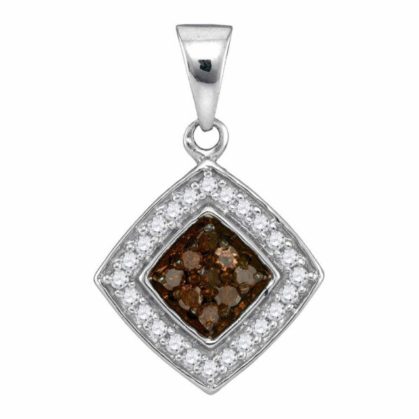 10kt White Gold Womens Round Brown Diamond Square Pendant 1/4 Cttw