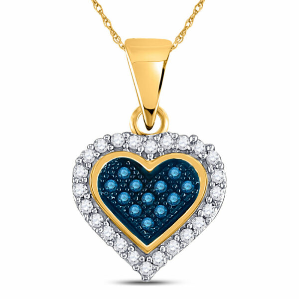 10kt Yellow Gold Womens Round Blue Color Enhanced Diamond Heart Pendant 1/8 Cttw