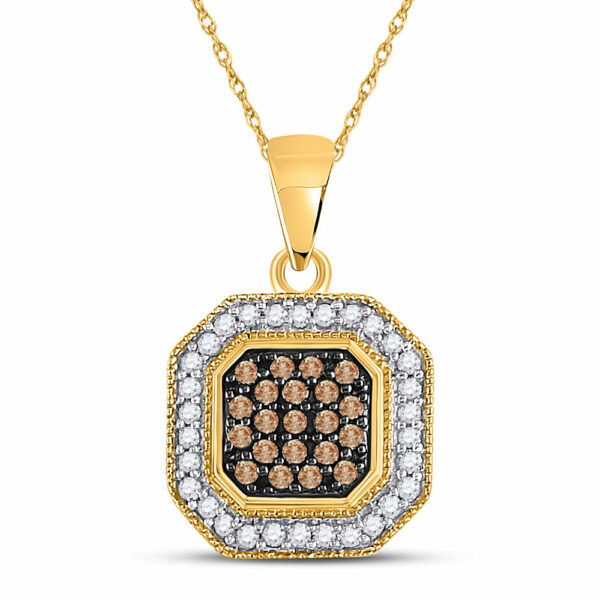 10kt Yellow Gold Womens Round Brown Diamond Octagon Cluster Pendant 1/3 Cttw