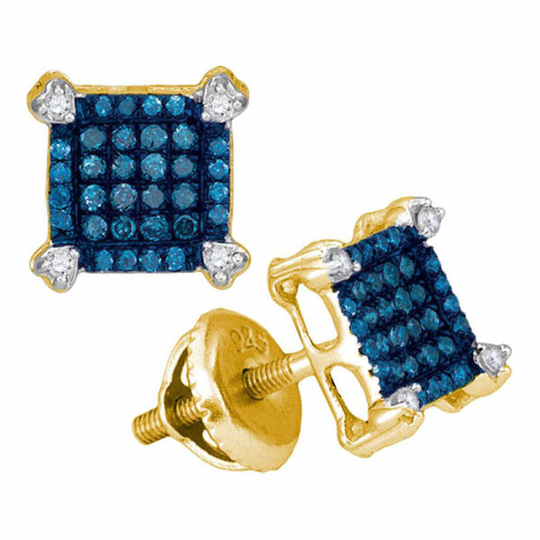 10kt Yellow Gold Womens Round Blue Color Enhanced Diamond Square Cluster Earrings 1/4 Cttw