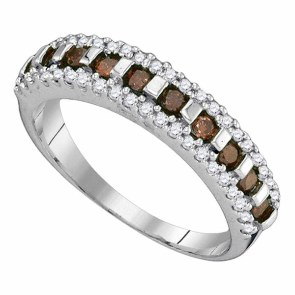 10kt White Gold Womens Round Brown Diamond Triple Row Band 1/2 Cttw