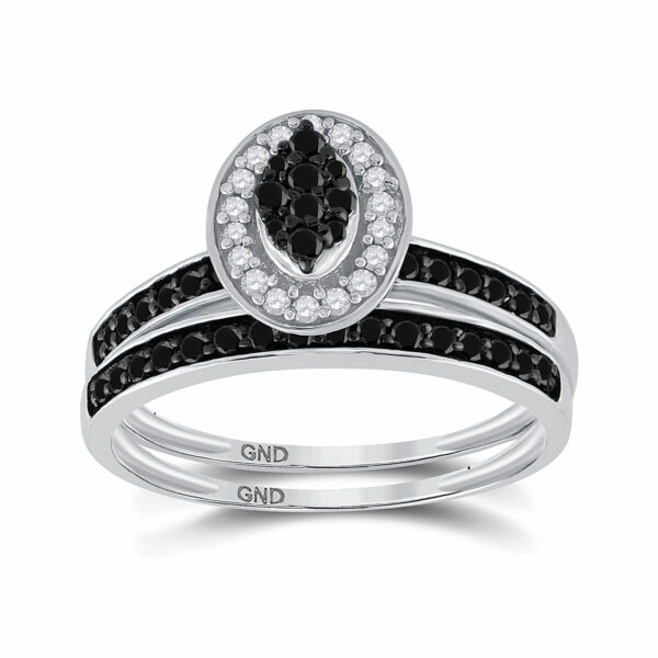 Sterling Silver Round Black Color Enhanced Diamond Bridal Wedding Ring Band Set 1/2 Cttw