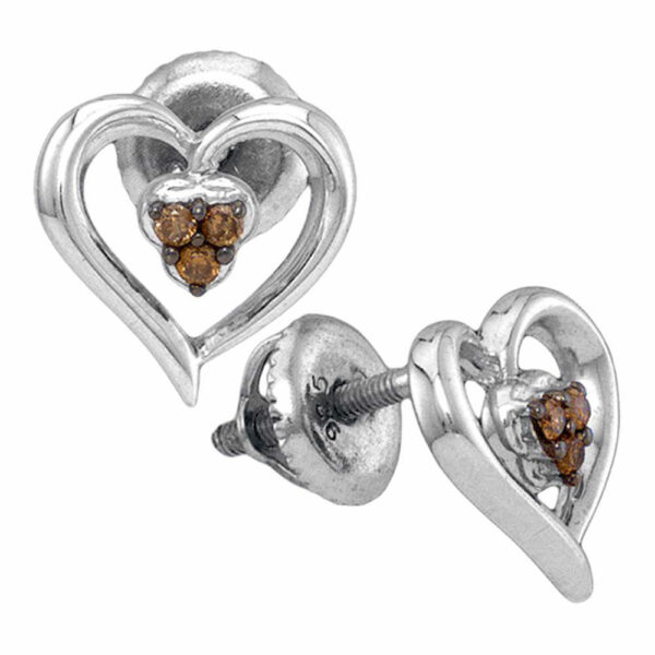 Sterling Silver Womens Round Brown Diamond Heart Earrings 1/20 Cttw