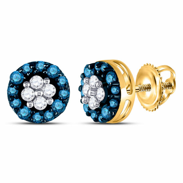 10k Yellow Gold Blue Color Enhanced Round Cluster Diamond Womens Stud Earrings 1/3 Cttw