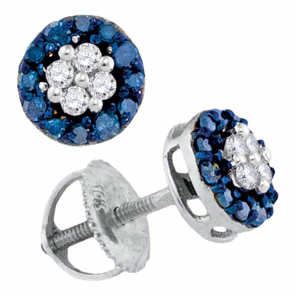 10kt White Gold Womens Round Blue Color Enhanced Diamond Cluster Earrings 1/3 Cttw