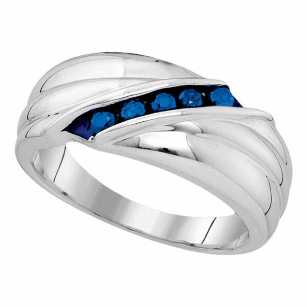 Sterling Silver Mens Round Blue Color Enhanced Diamond Wedding Anniversary Band Ring 1/3 Cttw