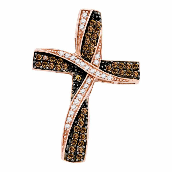 10kt Rose Gold Womens Round Brown Diamond Cross Pendant 1/2 Cttw