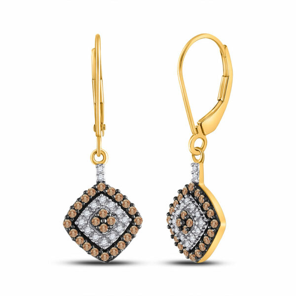 10kt Yellow Gold Womens Round Brown Diamond Square Dangle Earrings 1/2 Cttw