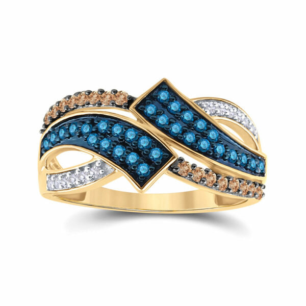 10kt Yellow Gold Womens Round Blue & Brown Diamond Round Ring 1/2 Cttw