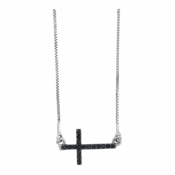 10kt White Gold Womens Round Black Color Enhanced Diamond Horizontal Cross Necklace 1/10 Cttw