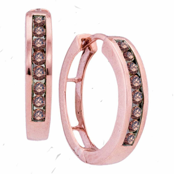 10kt Rose Gold Womens Round Brown Diamond Hoop Earrings 1/2 Cttw