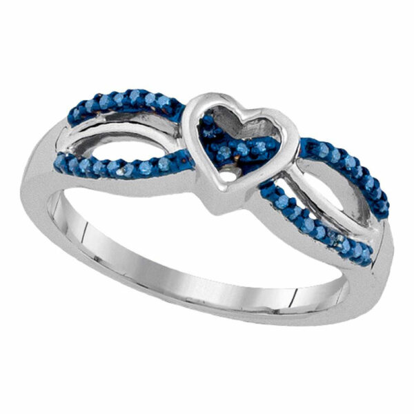 Sterling Silver Womens Round Blue Color Enhanced Diamond Double Row Heart Ring 1/10 Cttw