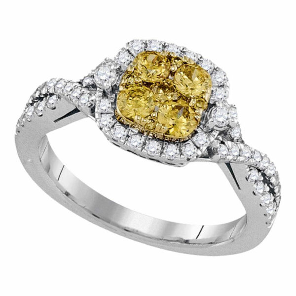 14kt White Gold Womens Round Natural Canary Yellow Diamond Square Cluster Ring 1 Cttw