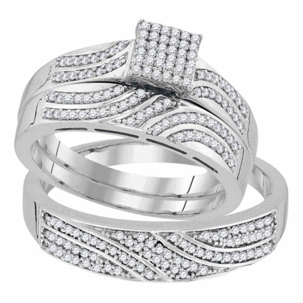 10kt White Gold His Hers Round Diamond Square Matching Wedding Set 3/8 Cttw