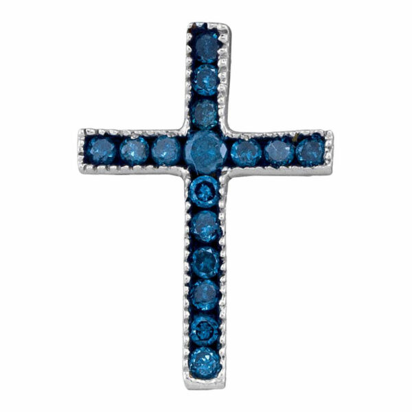 10kt White Gold Womens Round Blue Color Enhanced Diamond Small Cross Pendant 1/6 Cttw