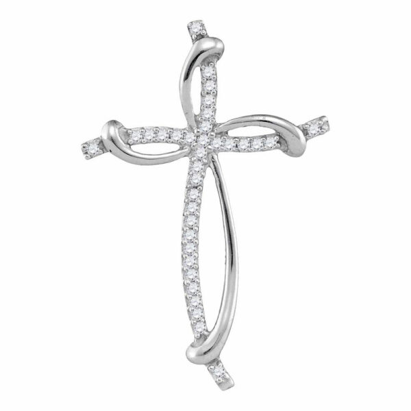 10kt White Gold Womens Round Diamond Slender Curved Open Cross Pendant 1/10 Cttw