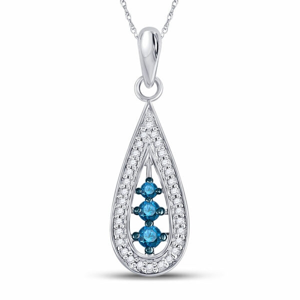 10kt White Gold Womens Round Blue Color Enhanced Diamond Teardrop Pendant 1/5 Cttw