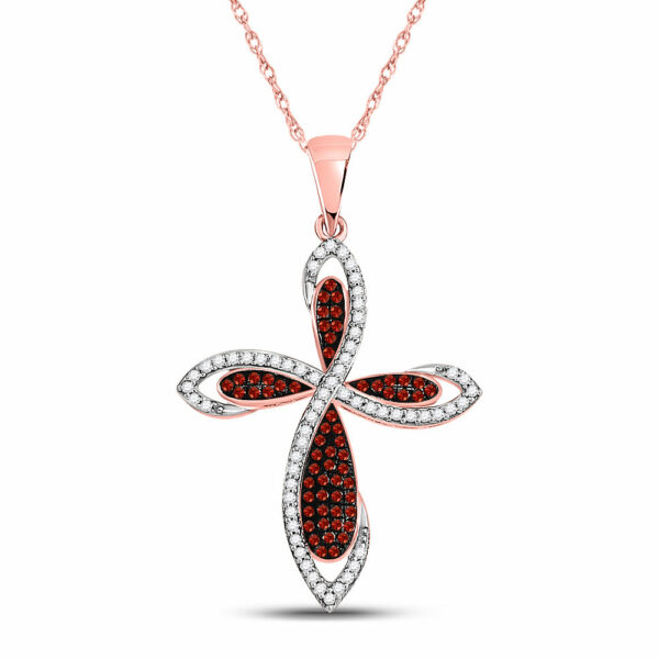 10kt Rose Gold Womens Round Red Color Enhanced Diamond Cross Pendant 1/3 Cttw