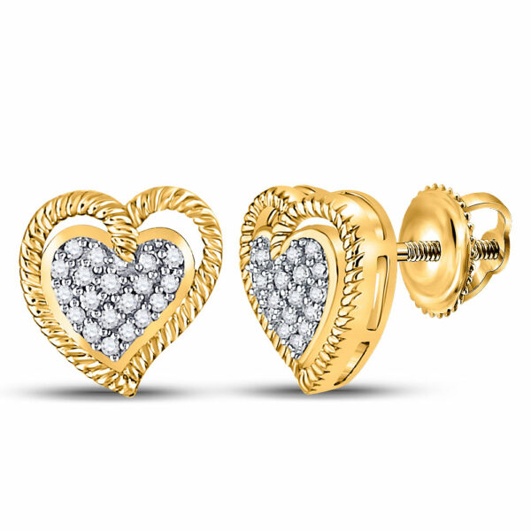 10kt Yellow Gold Womens Round Diamond Milgrain Heart Cluster Earrings 1/10 Cttw