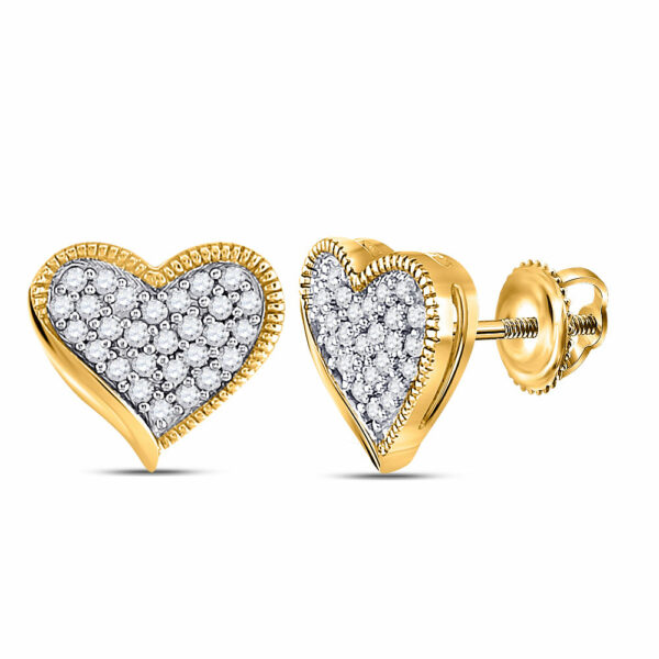 10kt Yellow Gold Womens Round Diamond Heart Earrings 1/5 Cttw