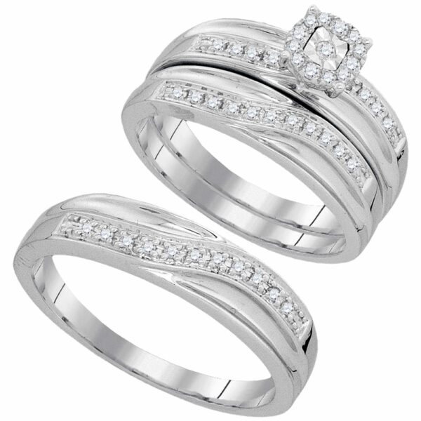 10k White Gold Round Diamond Matching Trio Mens Womens Wedding Bridal Ring Set 1/3 Cttw