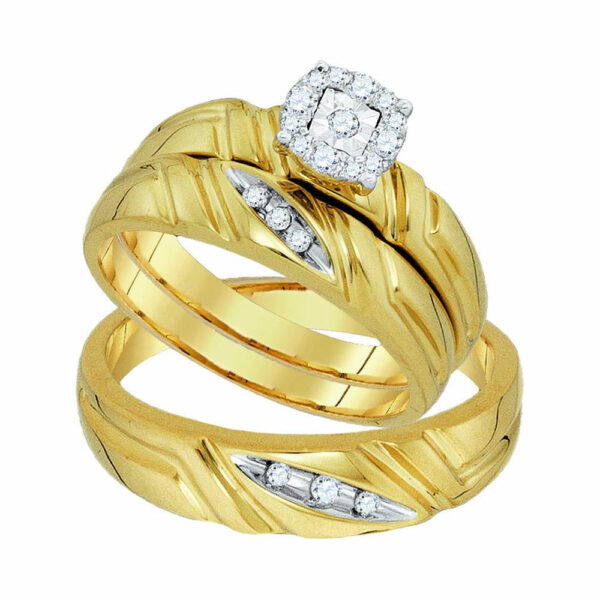 10k Yellow Gold Round Diamond Matching Mens Womens Halo Trio Wedding Bridal Ring Set 1/6 Cttw